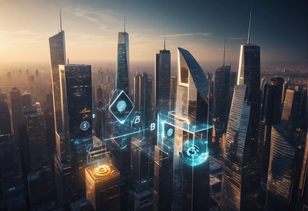 A bustling futuristic cityscape with digital currency symbols floating above skyscrapers, while people engage in cryptocurrency transactions below