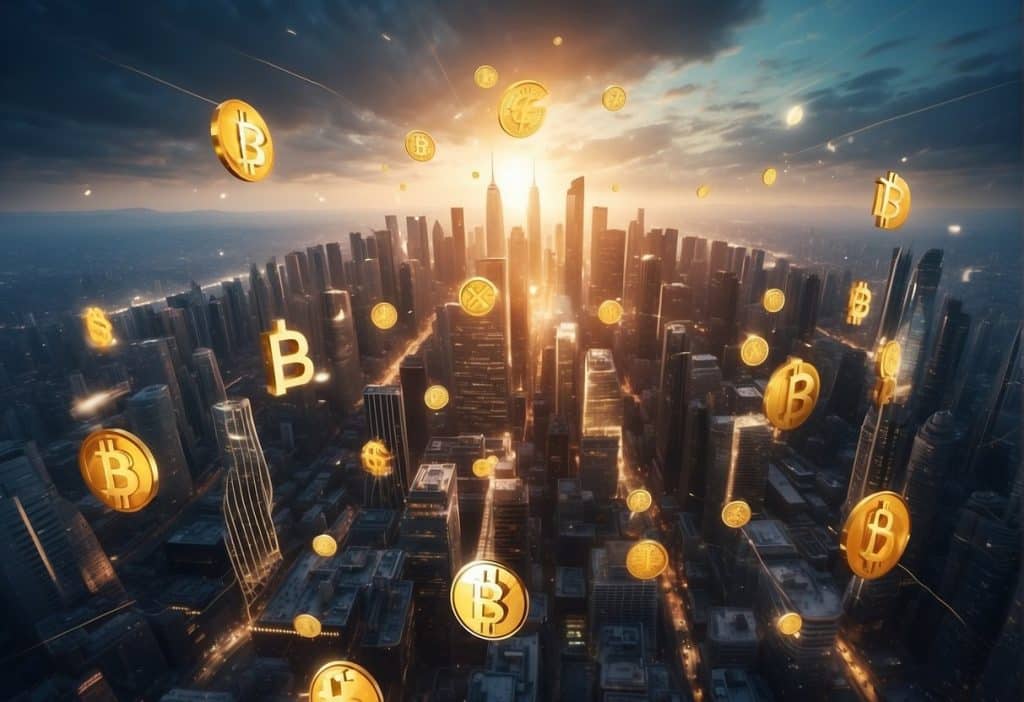 A futuristic city skyline with digital currency symbols floating in the air, while people engage in seamless cryptocurrency transactions below