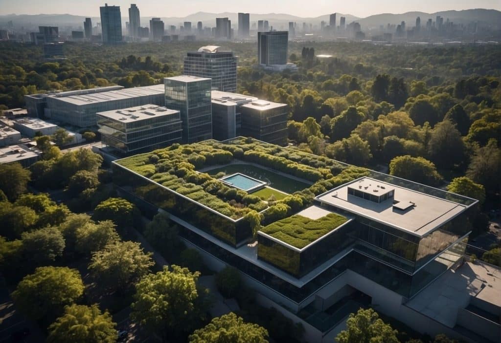 An aerial view of the Coinbase headquarters, with a modern and sleek building surrounded by lush greenery and a bustling cityscape in the background