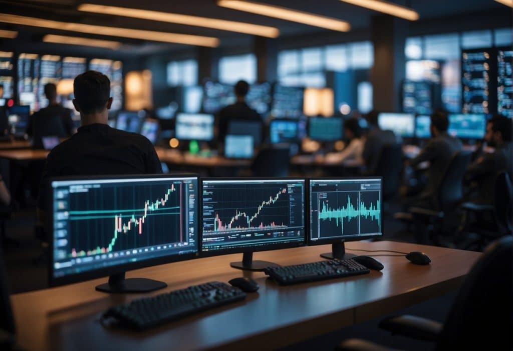 A bustling digital marketplace, with multiple screens displaying cryptocurrency charts and trading activity. The room is filled with the sound of clicking keyboards and hushed conversations as traders execute buy and sell orders