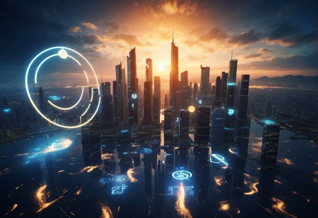 A futuristic city skyline with digital currency symbols floating in the air, representing the innovative technology of Coinbase in 2024