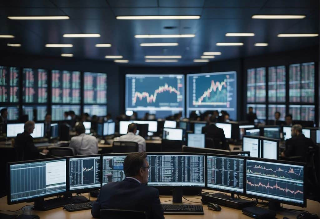 A bustling trading floor with digital screens displaying price charts, analysts studying data, and executives discussing strategy