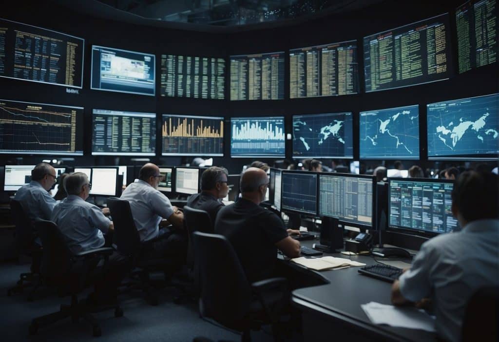 A bustling trading floor with digital screens displaying live market data, traders analyzing charts, and a sense of urgency in the air