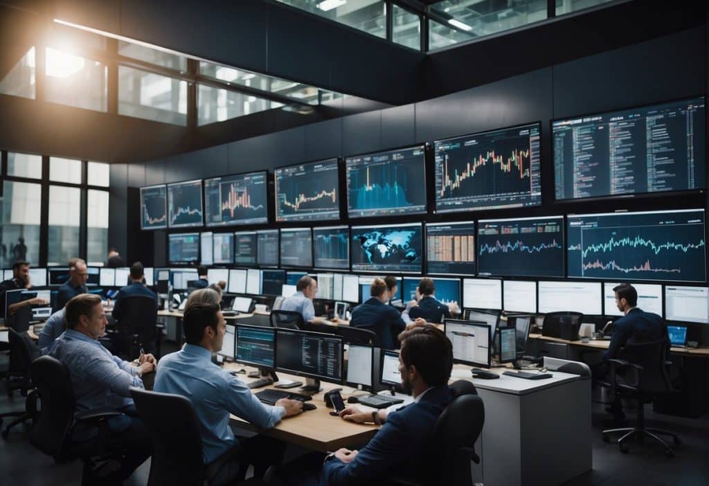 A bustling trading floor with screens displaying educational resources and support for Coinbase Pro. Traders are engaged in discussions and analysis, while charts and graphs are prominently featured