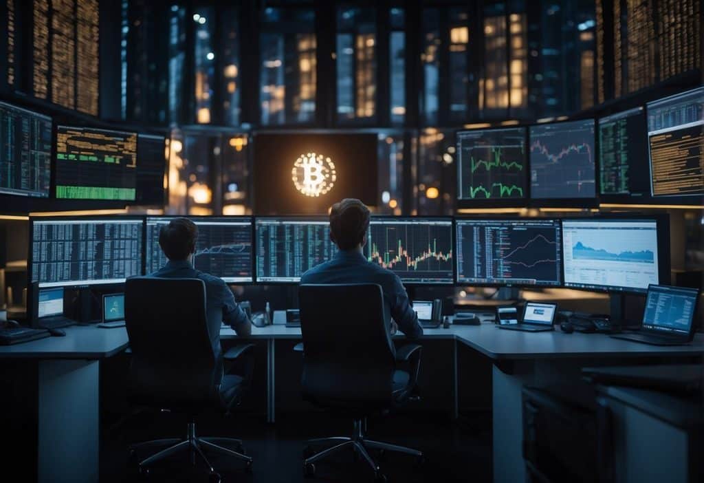 A bustling trading floor with digital screens displaying cryptocurrency charts, traders in deep concentration, and a backdrop of the Coinbase Pro logo