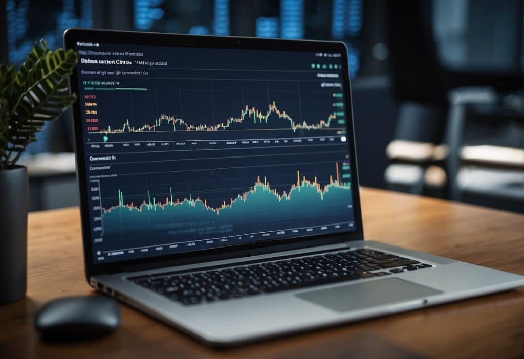 A computer screen displays Coinbase stock analysis with fluctuating price charts and trading volume