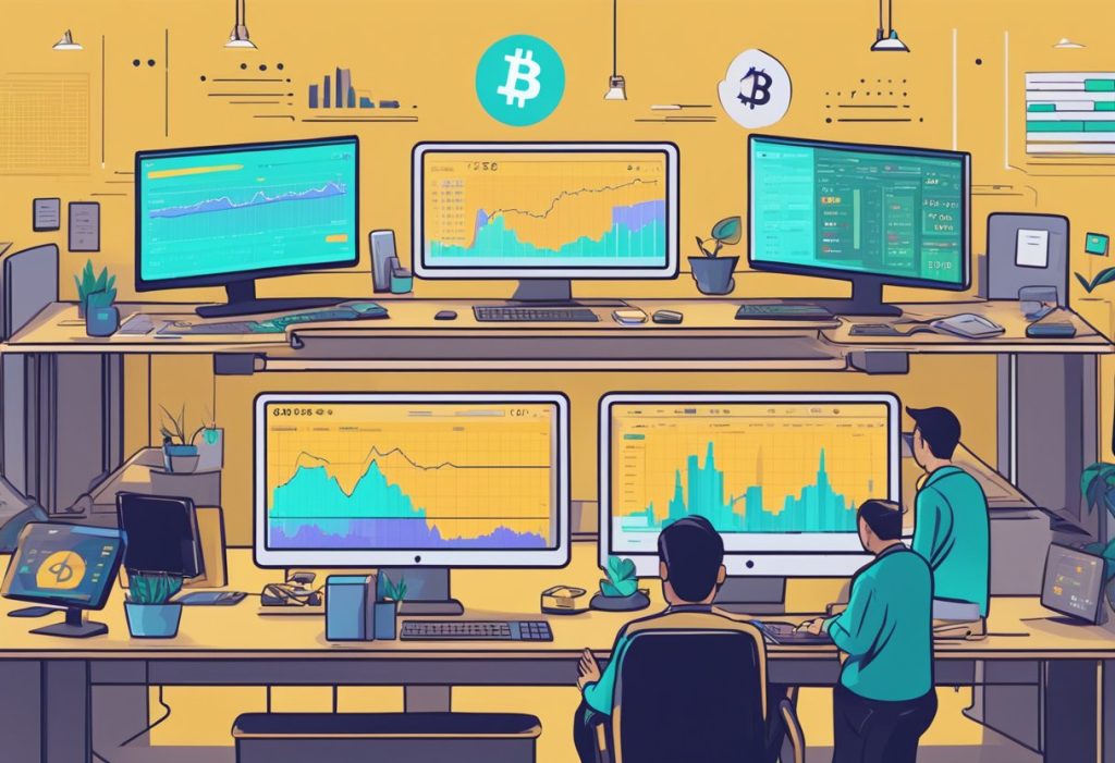 A bustling cryptocurrency exchange with charts, graphs, and trading terminals. The Binance.US logo prominently displayed with a referral code for new users