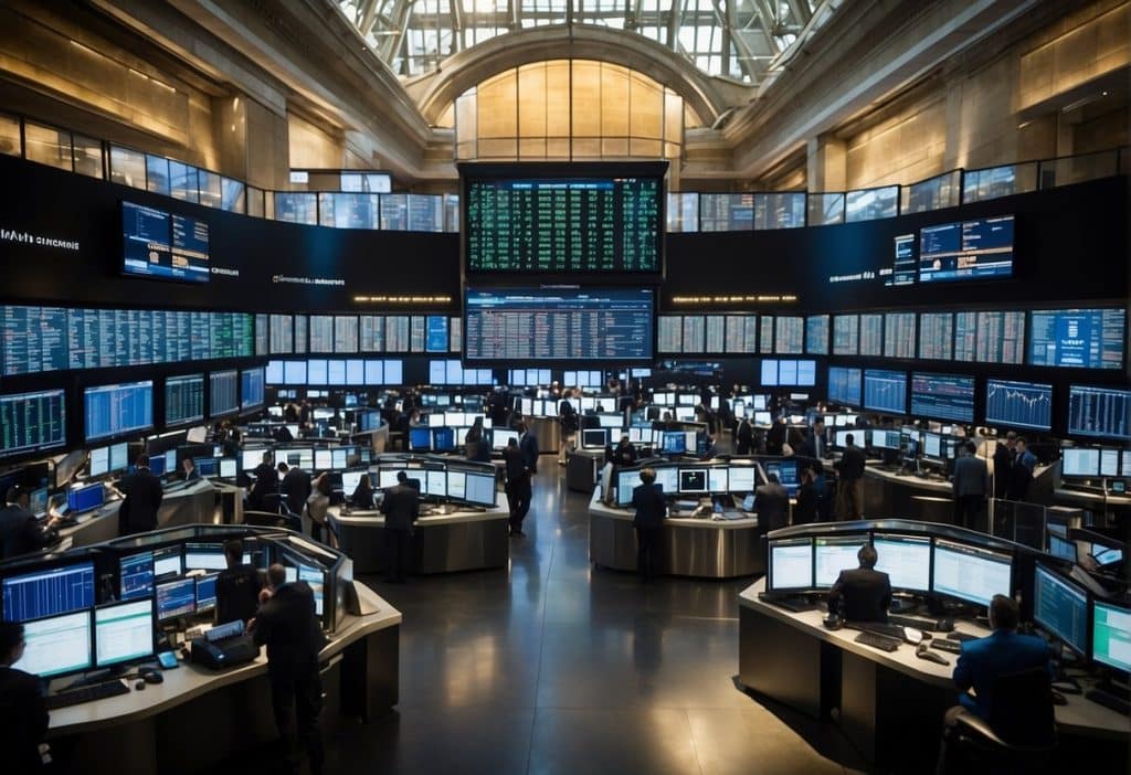 A bustling stock exchange floor with traders and screens displaying Coinbase stock information