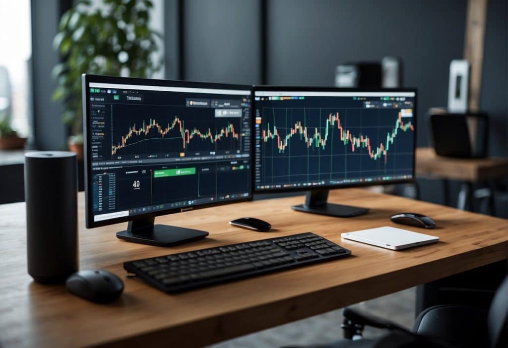 Two computer screens side by side, one displaying the standard Coinbase platform and the other showing the advanced trade interface. Various cryptocurrency charts and trading tools are visible on both screens