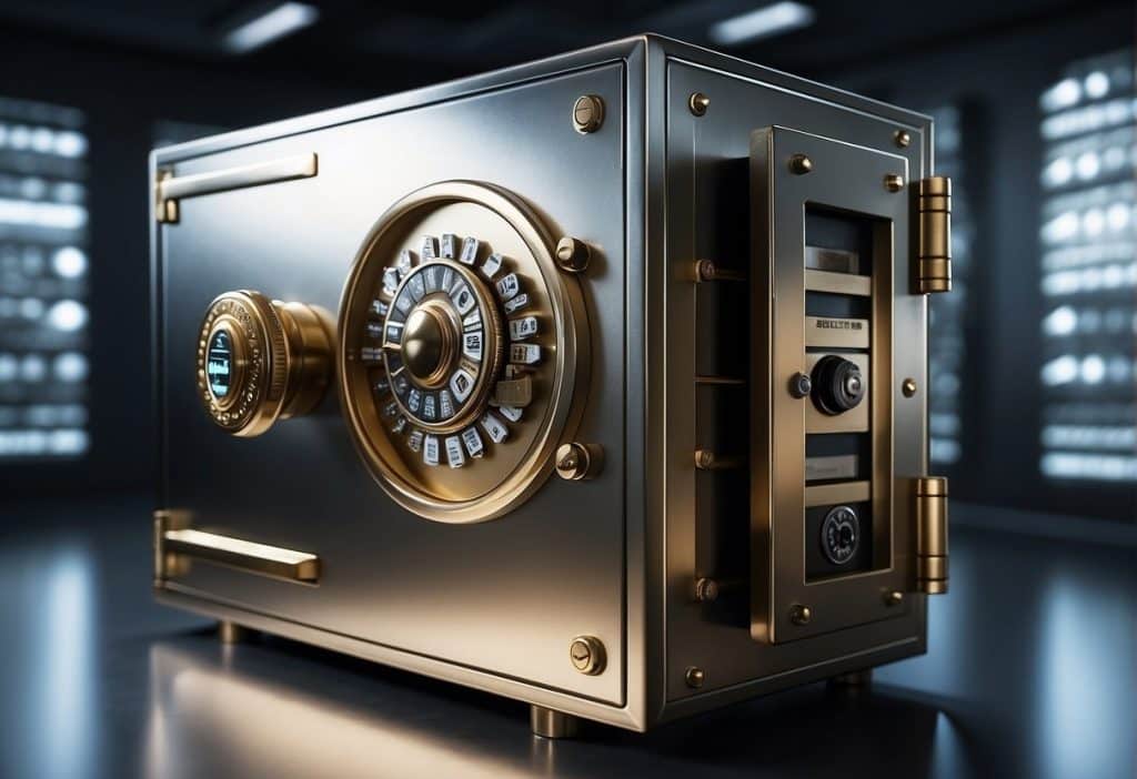 A secure vault with a locked door and advanced security systems. A trading platform with advanced encryption and safety features