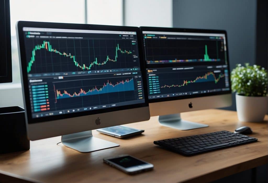 Two screens side by side, one labeled "Coinbase" and the other "Coinbase Advanced Trade." Charts, graphs, and trading tools are displayed on each screen, with a clear distinction between the two platforms