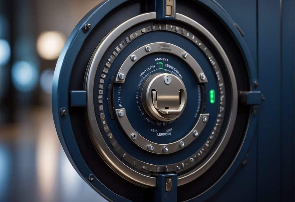 A secure vault door with a digital lock, surrounded by layers of encryption and security protocols, protecting the Coinbase Wallet