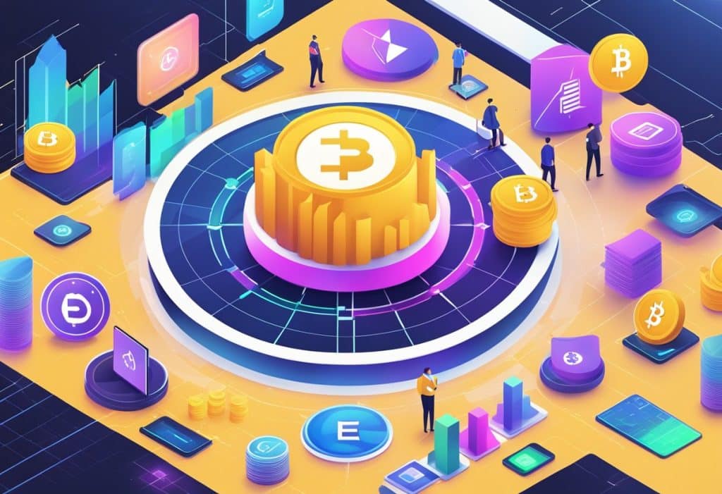 A vibrant digital marketplace with Binance Coin logo at the center, surrounded by various cryptocurrencies and trading charts