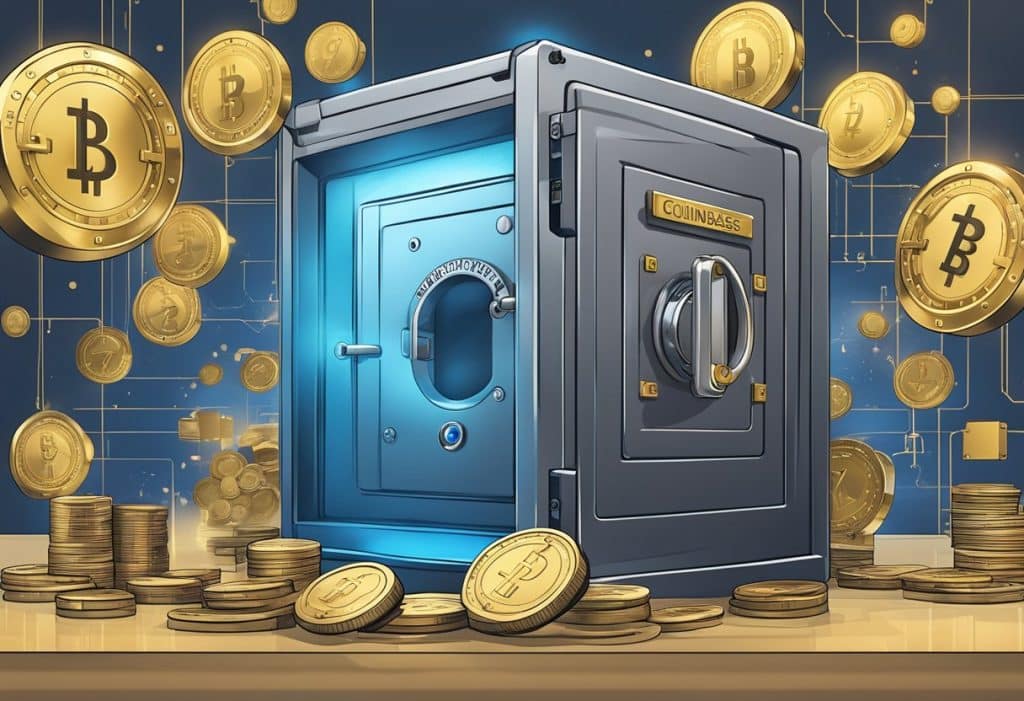 A secure vault with a digital lock, surrounded by risk indicators and security measures, symbolizing Coinbase NFT security and risk management