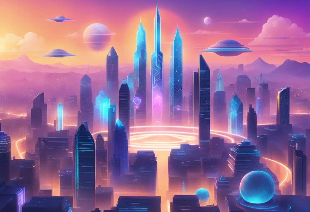 A futuristic cityscape with a glowing Coinbase NFT logo towering over the skyline, surrounded by digital art and blockchain symbols