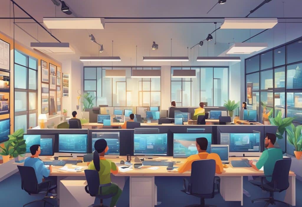 A bustling office with computer screens, a team of developers, and a wall of digital artwork