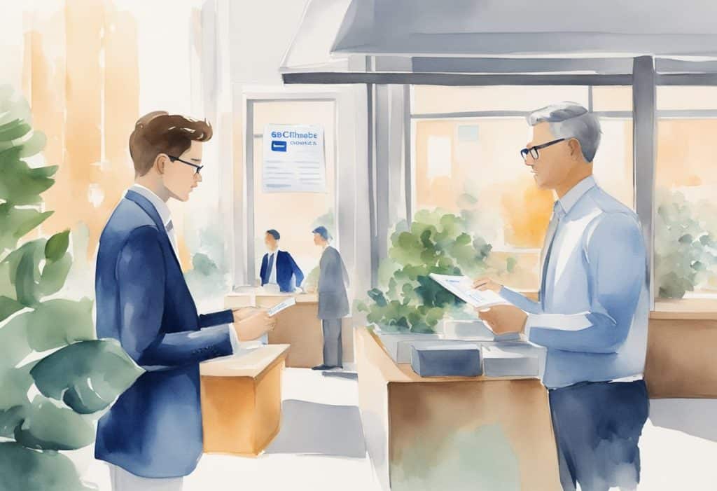 A person purchasing a Coinbase gift card at a financial institution, while a lawyer reviews legal documents related to the transaction
