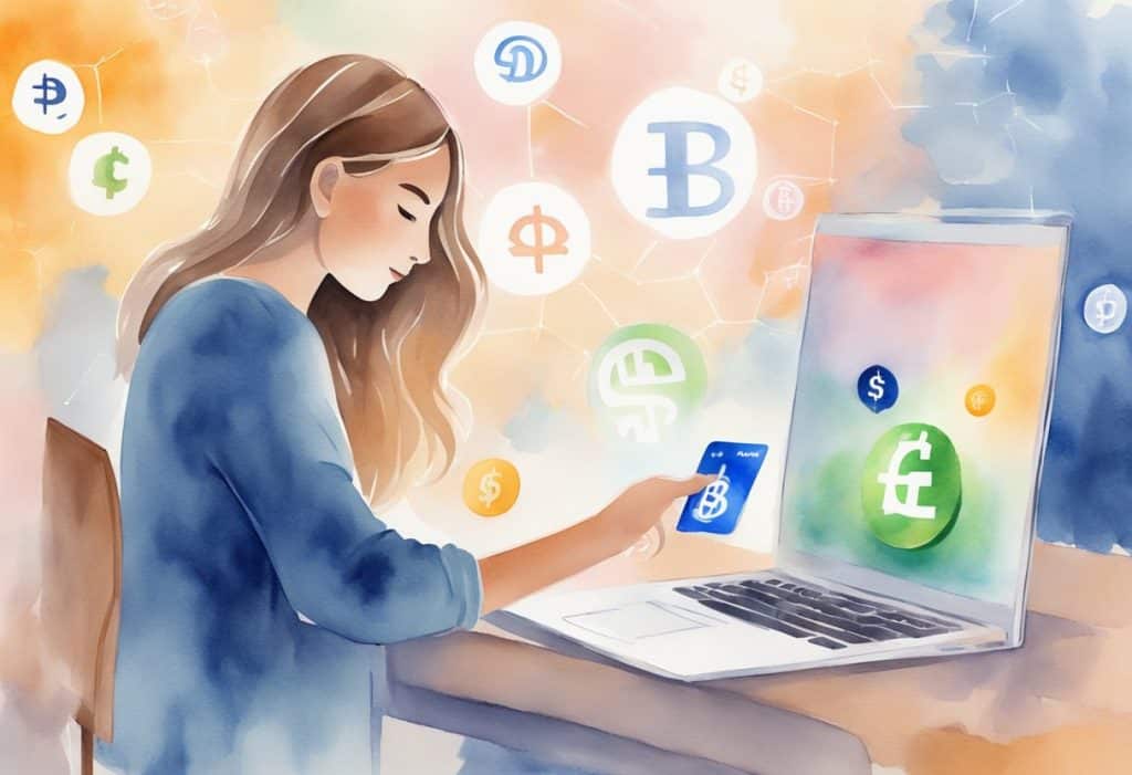 A person using a Coinbase gift card to make a purchase online, with a laptop and digital currency symbols in the background