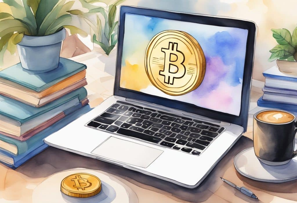A laptop displaying the Coinbase Earn platform with various cryptocurrency logos and educational content, surrounded by a stack of books and a cup of coffee