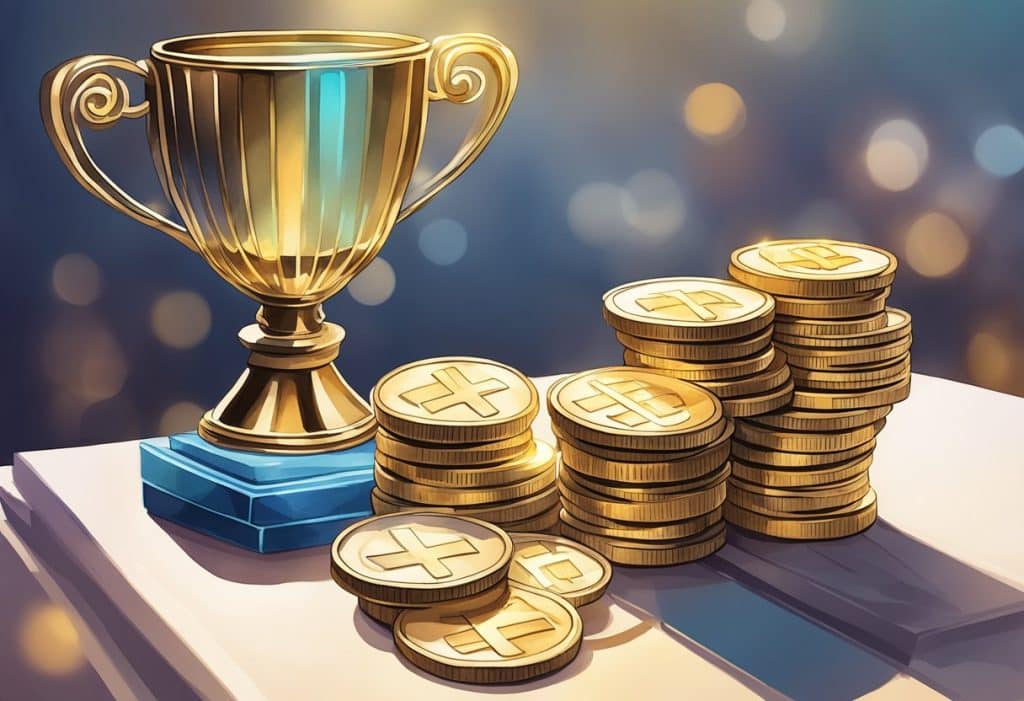A stack of coins and a glowing trophy symbolize additional rewards and benefits from Coinbase Earn