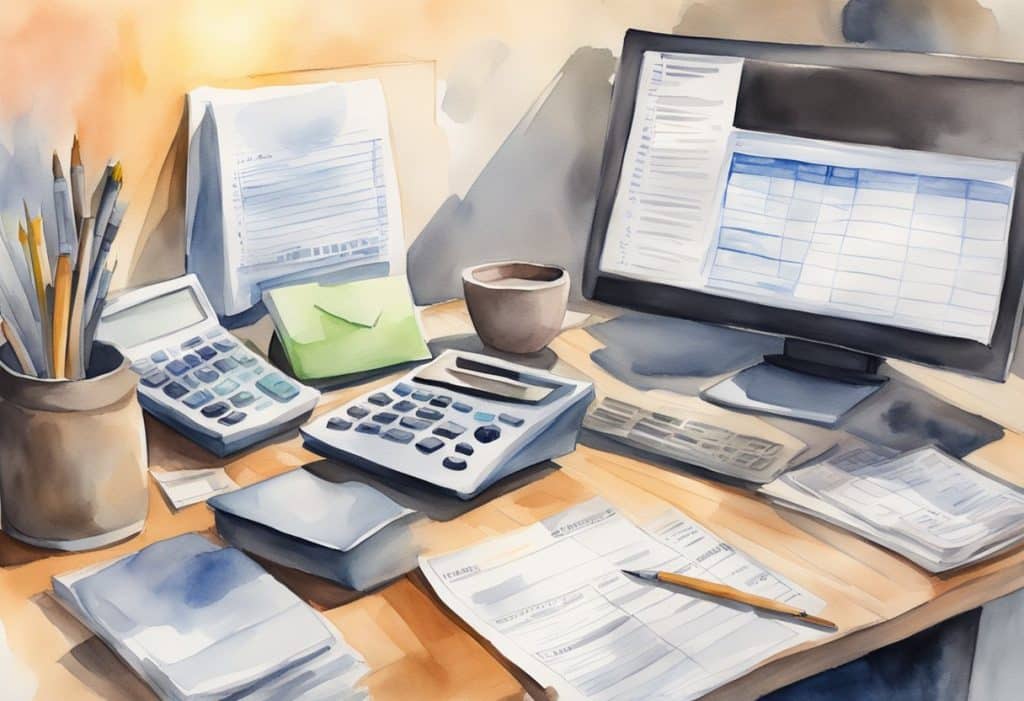 A desk with a computer, calculator, and tax forms. A person filing taxes online