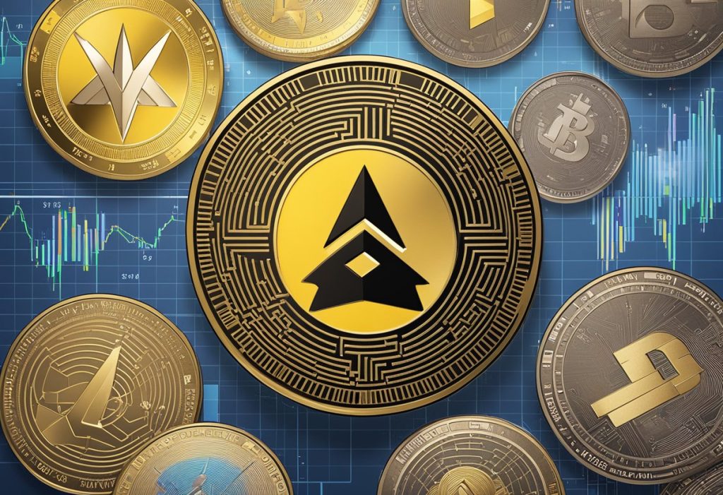 The Binance platform is depicted with the Binance Coin logo prominently displayed, surrounded by various cryptocurrency trading charts and data