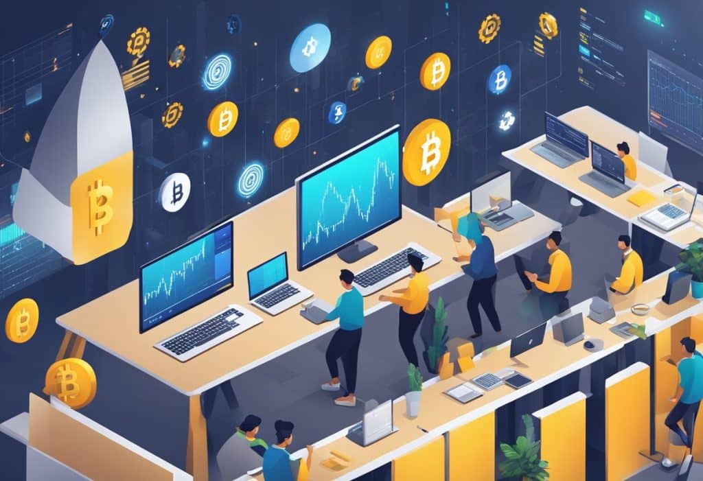 A bustling market with various cryptocurrency symbols and graphs displayed. Binance Coin logo prominently featured. Traders analyzing data and making transactions