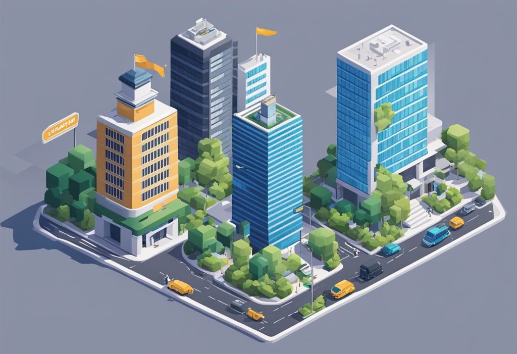 Two office buildings stand side by side, one with the sign "Coinbase" and the other "Gemini." Each building is surrounded by bustling streets and a city skyline in the background