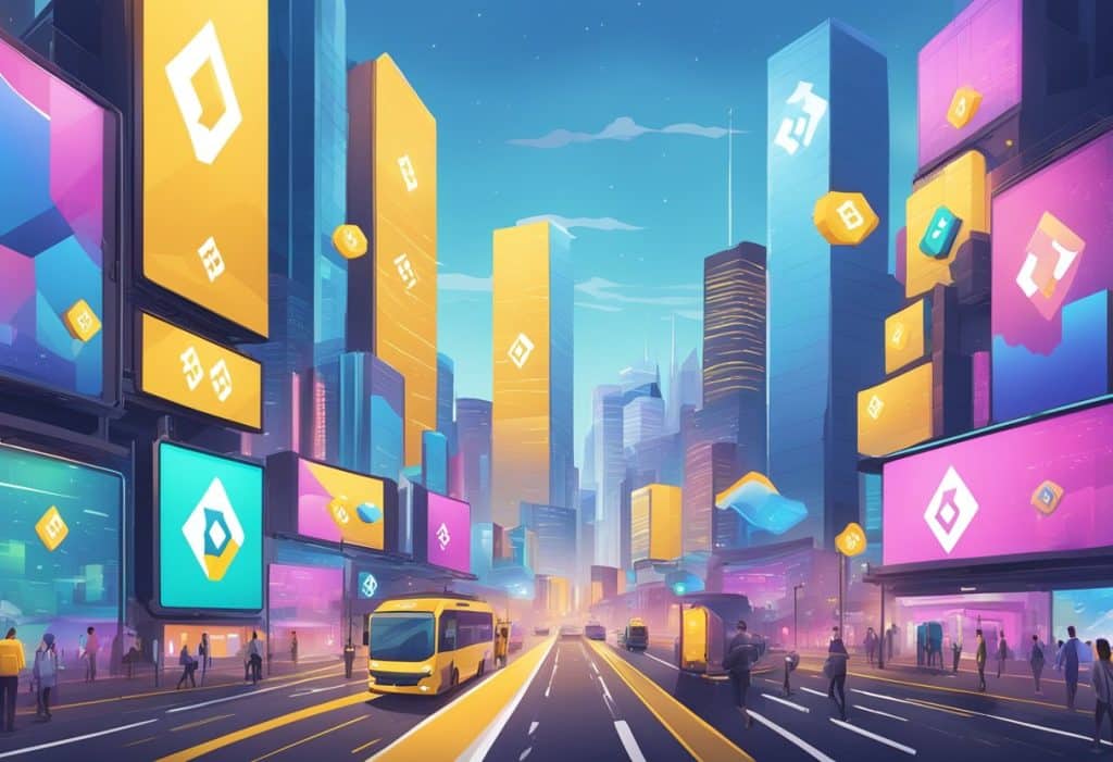 A vibrant cityscape with Binance Coin logos displayed on billboards, mobile devices, and digital screens, showcasing the various utility and applications of BNB