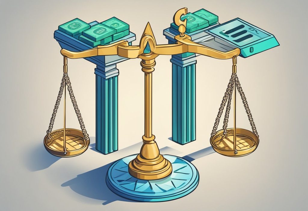 Two scales of justice, one labeled "Coinbase" and the other "Gemini," are being weighed against each other, symbolizing the regulatory and legal aspects of the two cryptocurrency exchanges