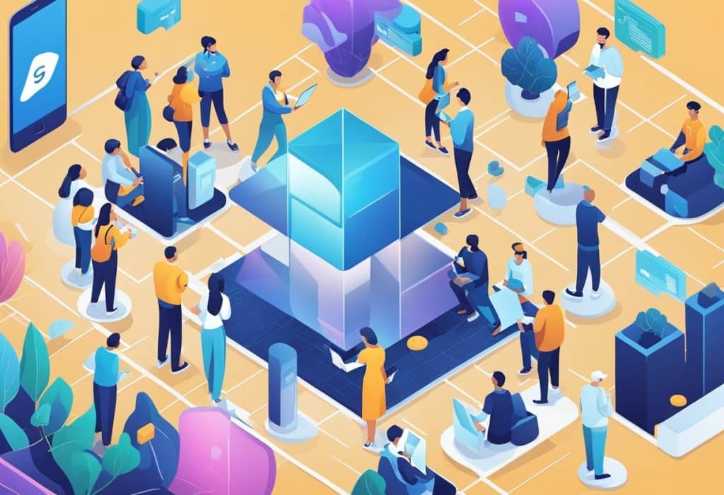 A diverse group of people, representing various demographics and segments, are engaging with the platforms of Coinbase and Gemini