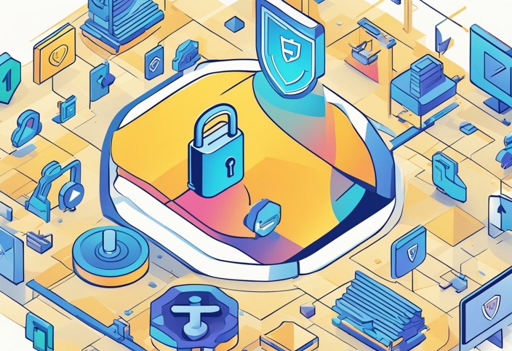 A lock with a key and a shield with a checkmark symbol, representing secure authentication and protection in the Coinbase API
