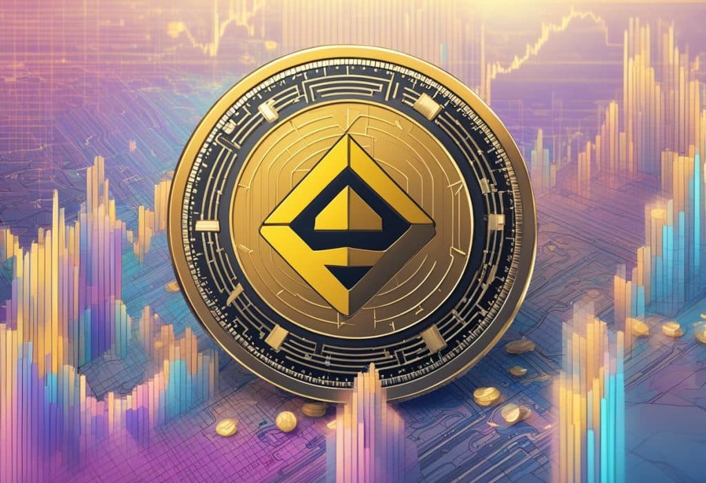 Binance Coin logo surrounded by rising stock charts and digital currency symbols