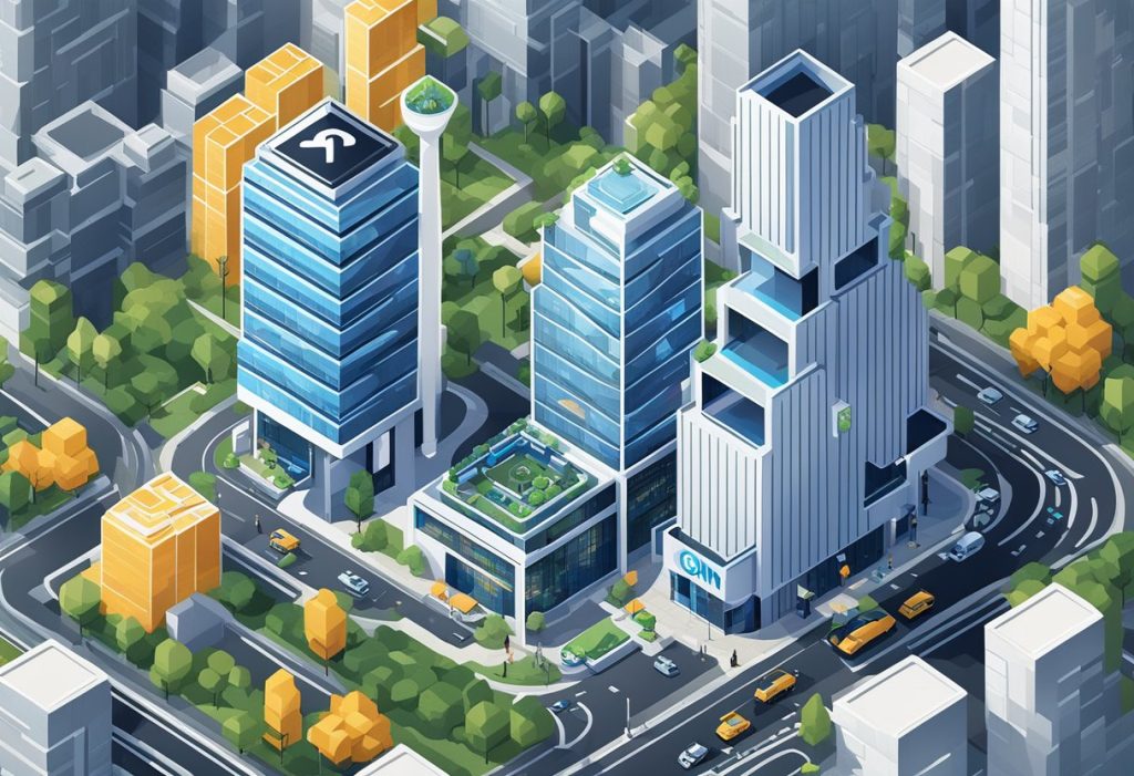A sleek, futuristic building with a bold "Coinbase One" sign atop, surrounded by bustling city streets and towering skyscrapers