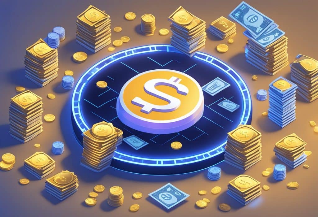 A pile of cash and digital currency symbols surround a glowing Coinbase logo, representing financial rewards and benefits