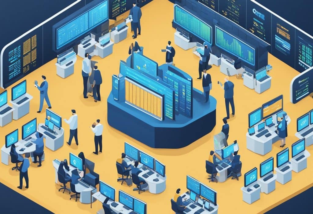 A bustling trading floor with digital screens displaying cryptocurrency prices, traders exchanging assets, and a central management hub at Coinbase One