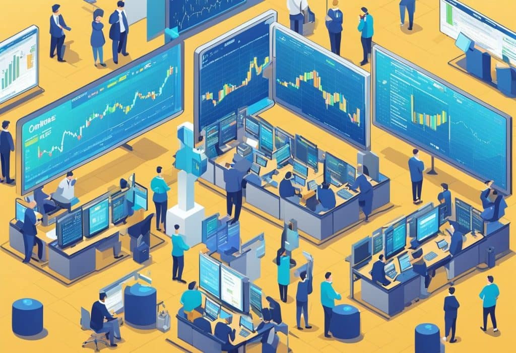 The bustling floor of a stock exchange, with traders gesturing and shouting, electronic screens displaying market data, and a large sign reading "Coinbase One."