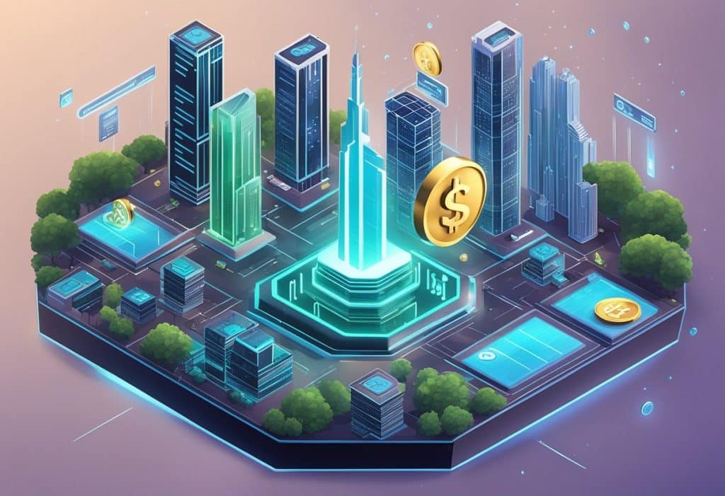A futuristic cityscape with tall, sleek buildings and digital currency symbols floating in the air. A glowing sign with the words "Coinbase One" stands prominently in the center