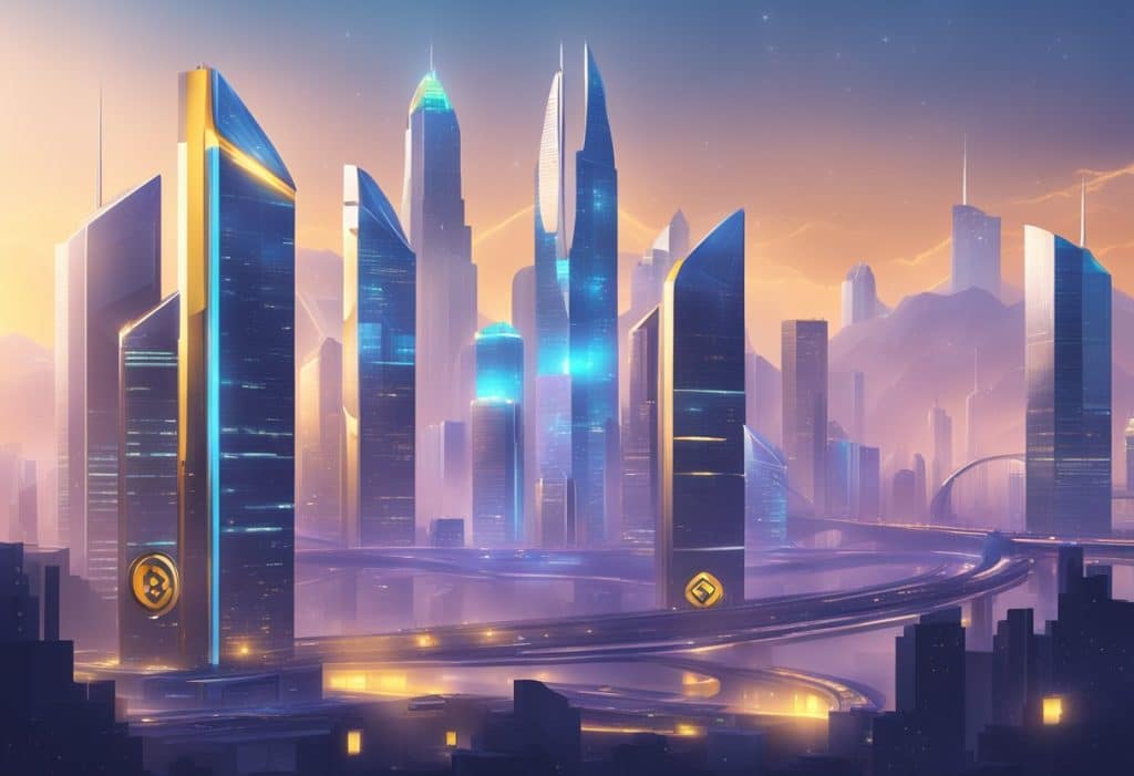 A futuristic city skyline with Binance Coin logo prominently displayed on skyscrapers. Digital screens project upward price trends and graphs