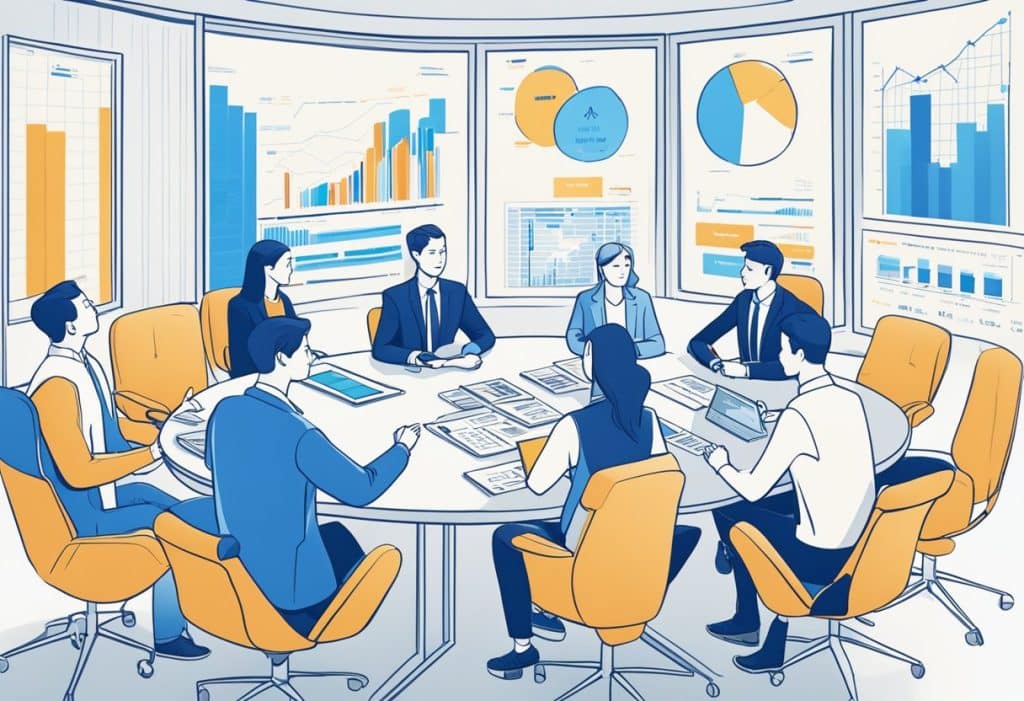 The Coinbase executive team sits around a conference table, engaged in a lively discussion, with charts and graphs displayed on a screen behind them