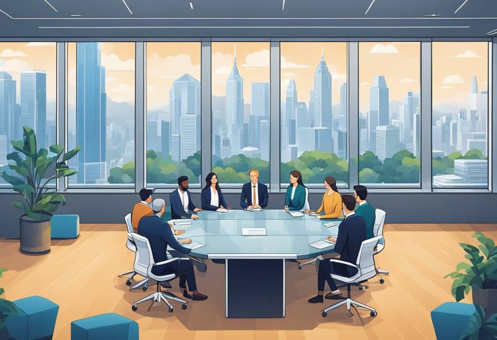 A group of executives sit around a large conference table at Coinbase headquarters, discussing business strategies and future plans. The room is modern and sleek, with large windows offering a view of the city skyline