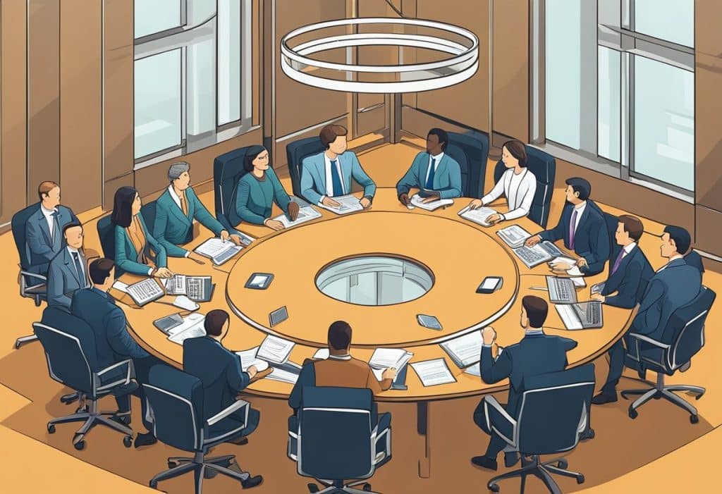 A group of executives sit around a polished conference table, engaged in a lively discussion. The room is filled with a sense of professionalism and determination