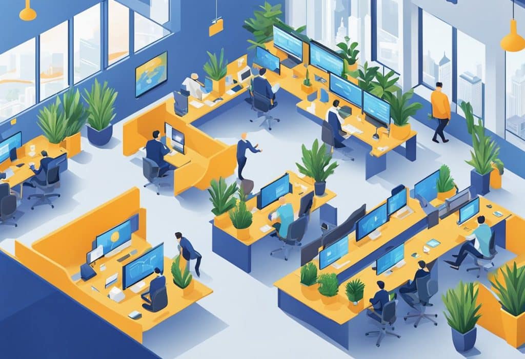 The Coinbase executive team collaborates on innovative research in a modern, open-concept office space with sleek technology and vibrant, dynamic energy