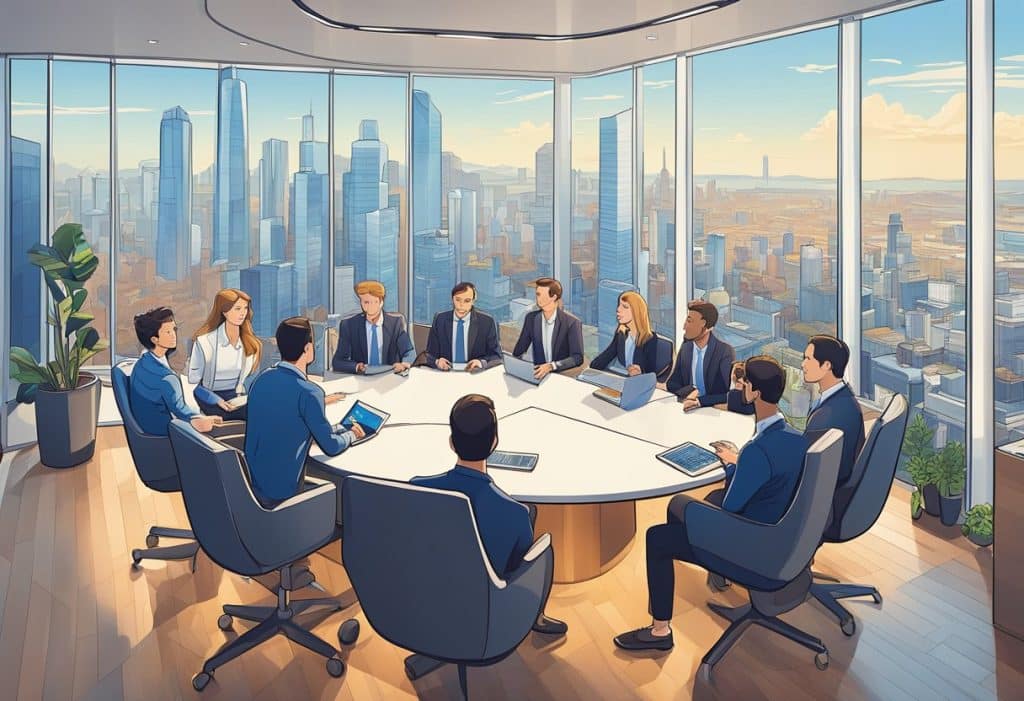 The Coinbase executive team sits around a conference table, engaged in a lively discussion, surrounded by modern office decor and large windows overlooking the city skyline