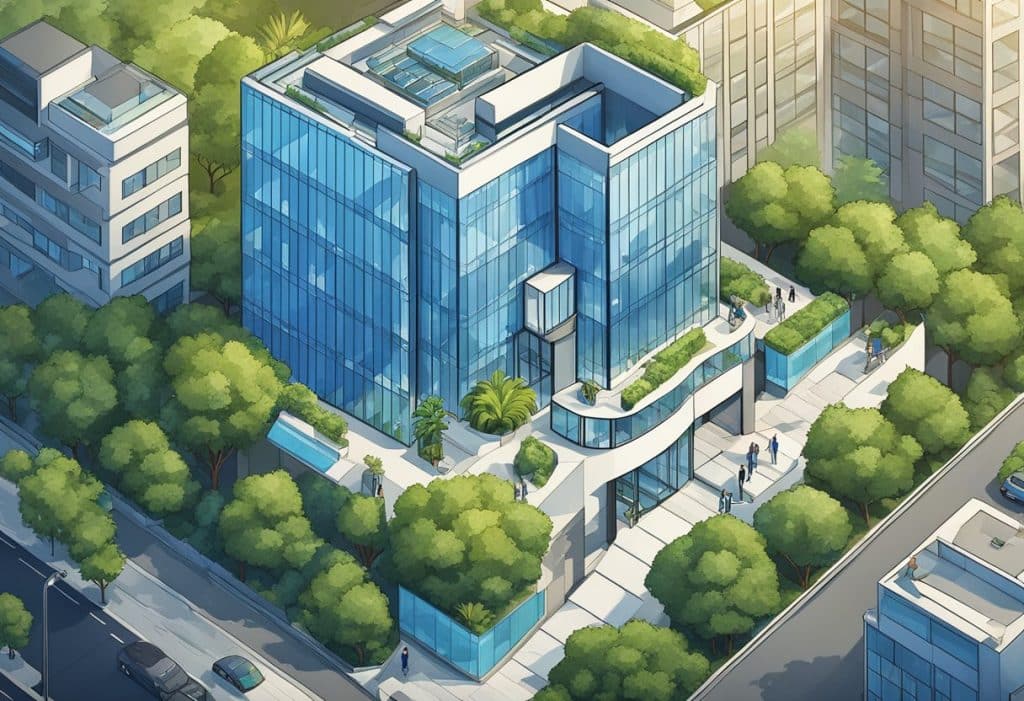 An aerial view of the Coinbase Ventures office, with modern architecture and a sleek, professional atmosphere. The building is surrounded by greenery and has a prominent logo displayed