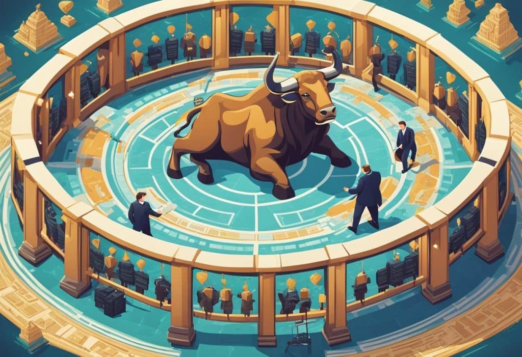 Two fierce animals, a bull and a kraken, face off in a ring surrounded by security and insurance symbols