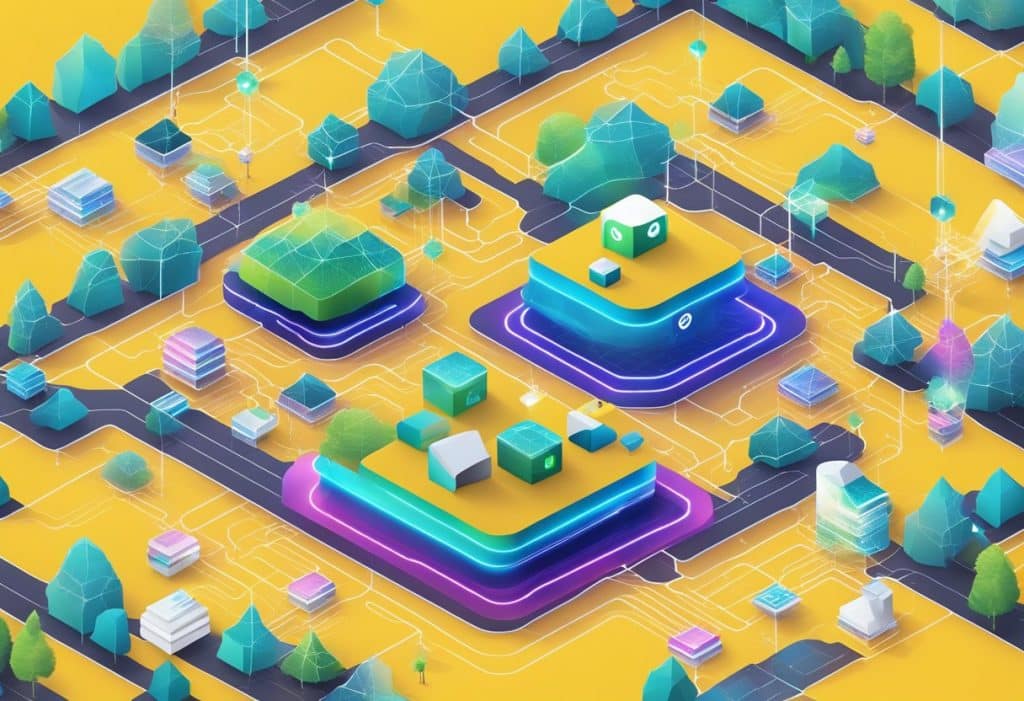 A vibrant digital landscape with the Binance Smart Chain logo at the center, surrounded by blockchain nodes and data streams