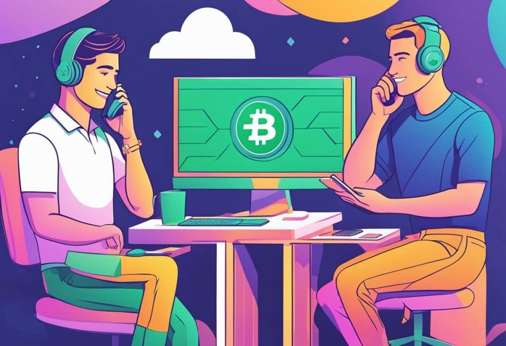 A customer on the phone with Coinbase, while another customer chats online with Robinhood. Both are receiving assistance from customer support representatives