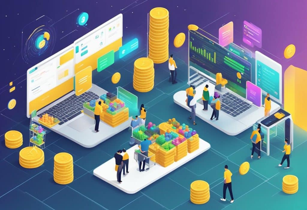 A bustling digital marketplace on Binance Smart Chain, with various decentralized finance projects and transactions taking place