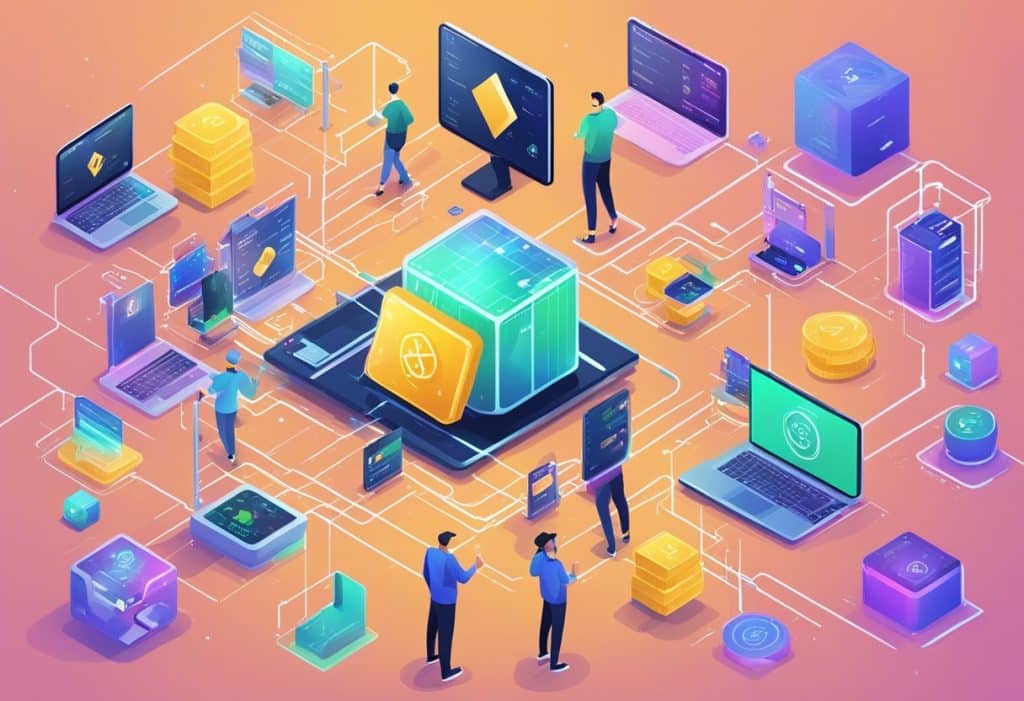 A bustling ecosystem of digital assets and decentralized applications on the Binance Smart Chain, with various tokens and projects interacting seamlessly